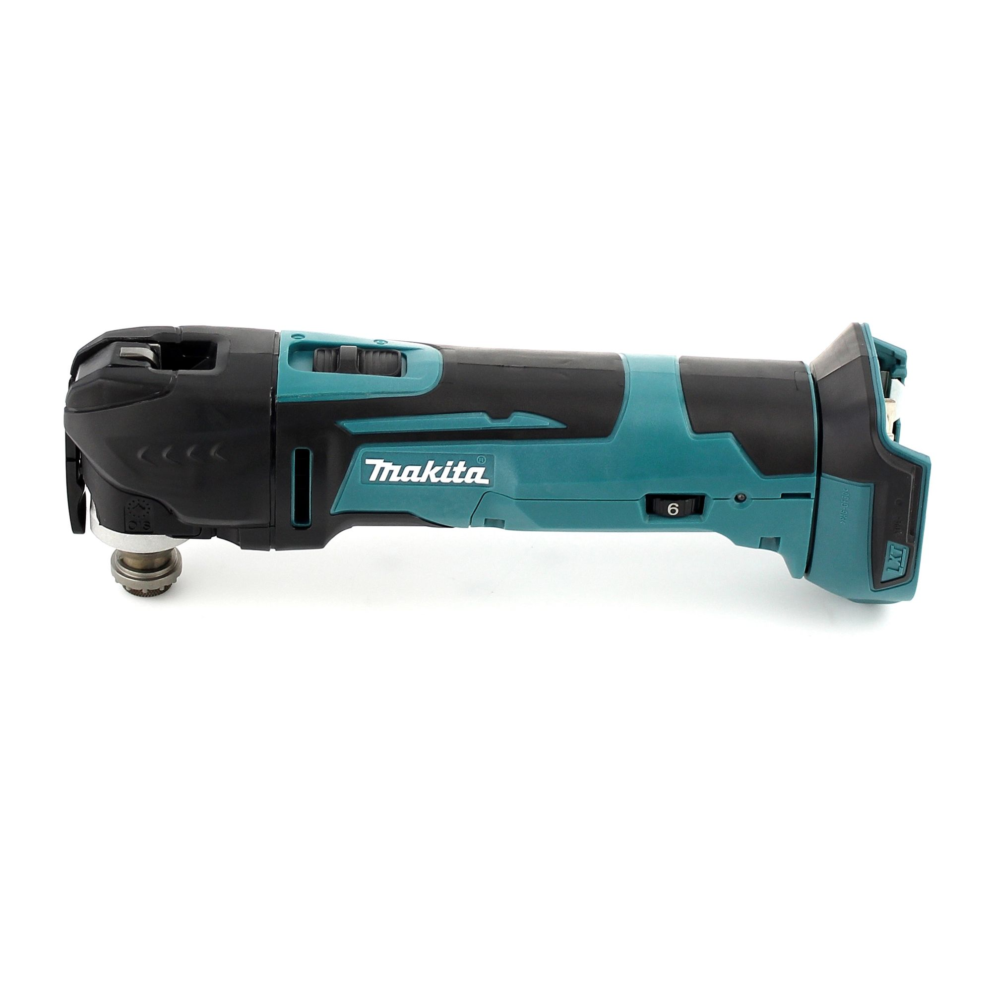 Ein Makita Oszillations-Multitool wird auf weißem Hintergrund gezeigt. Es hat ein Schwarz- und Teal-Farbschema.