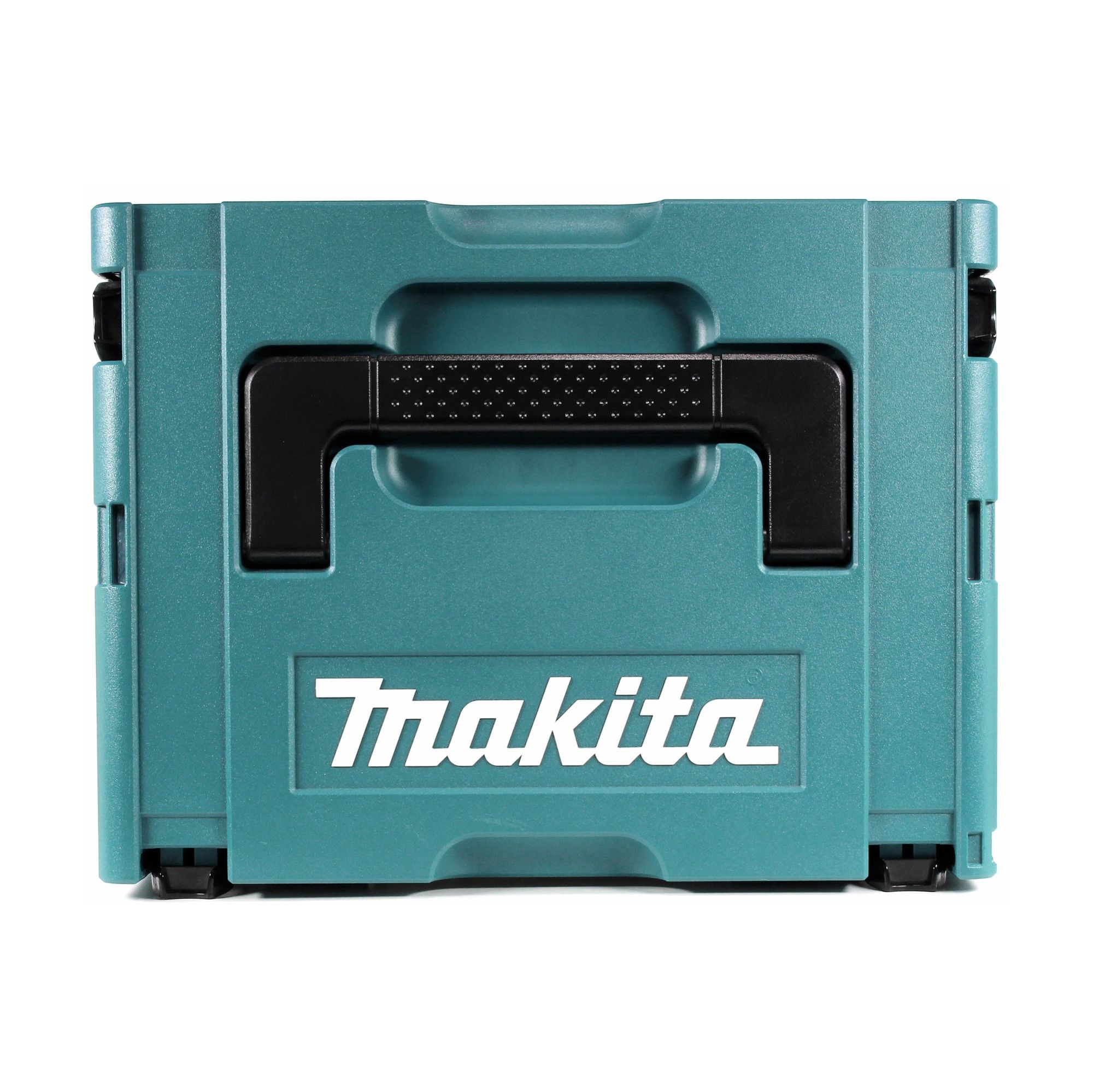 Eine tealfarbene Makita-Werkzeugkiste mit schwarzem Griff und dem Makita-Logo in Weiß. Der Hintergrund ist weiß.