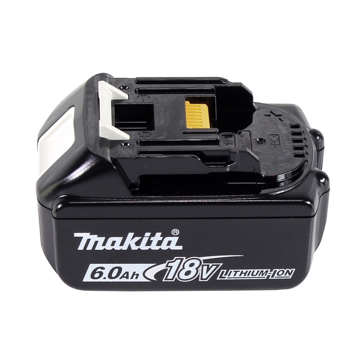 Schwarzer Makita 18V Lithium-Ionen-Akku. Mit weißem Logo und Text. Oberseite mit schwarzem und gelbem Stecker.