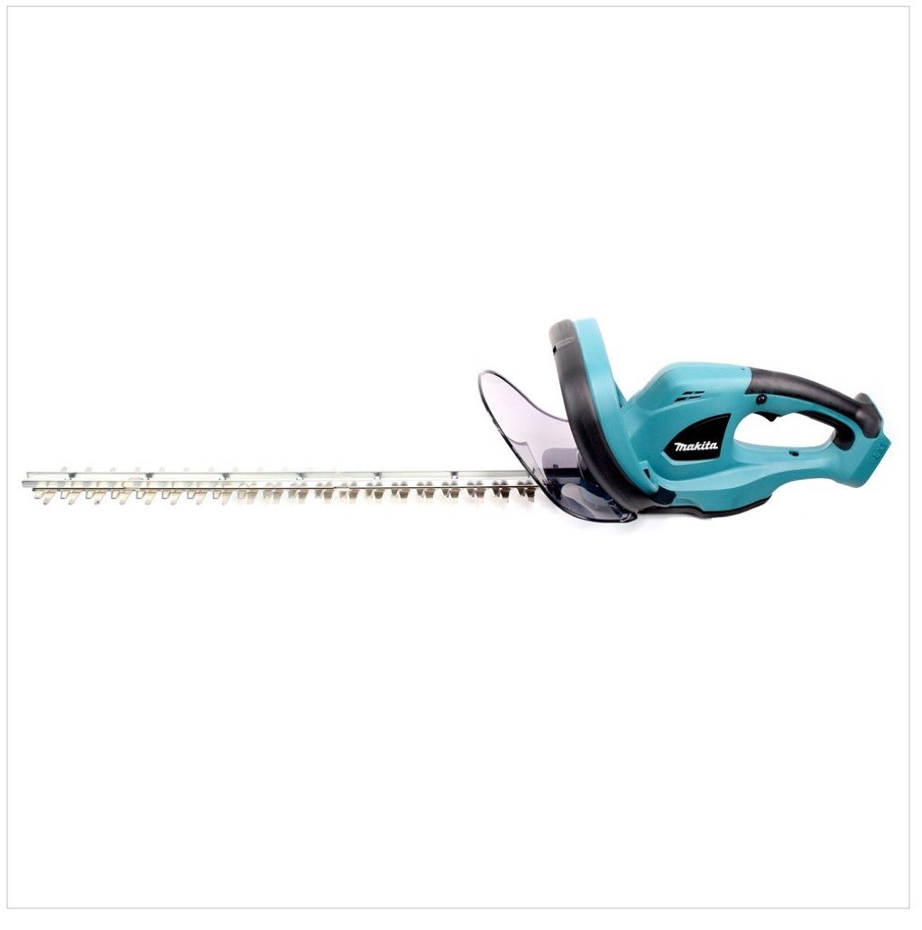 Eine teal- und schwarzfarbene Makita-Heckenschere auf weißem Hintergrund. Die Klingen sind silbern. Der Trimmer hat einen schwarzen Griff.