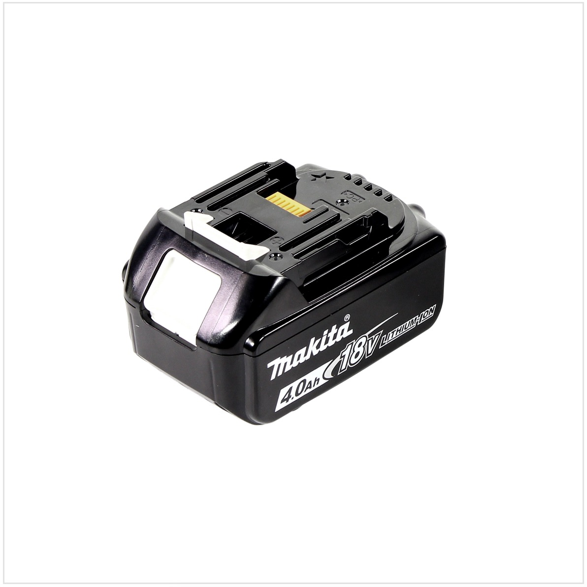 Ein schwarzer Makita 18V 4.0Ah Lithium-Ionen-Akkupack. Er hat ein weißes Etikett und einen gelben Stecker, vor weißem Hintergrund.