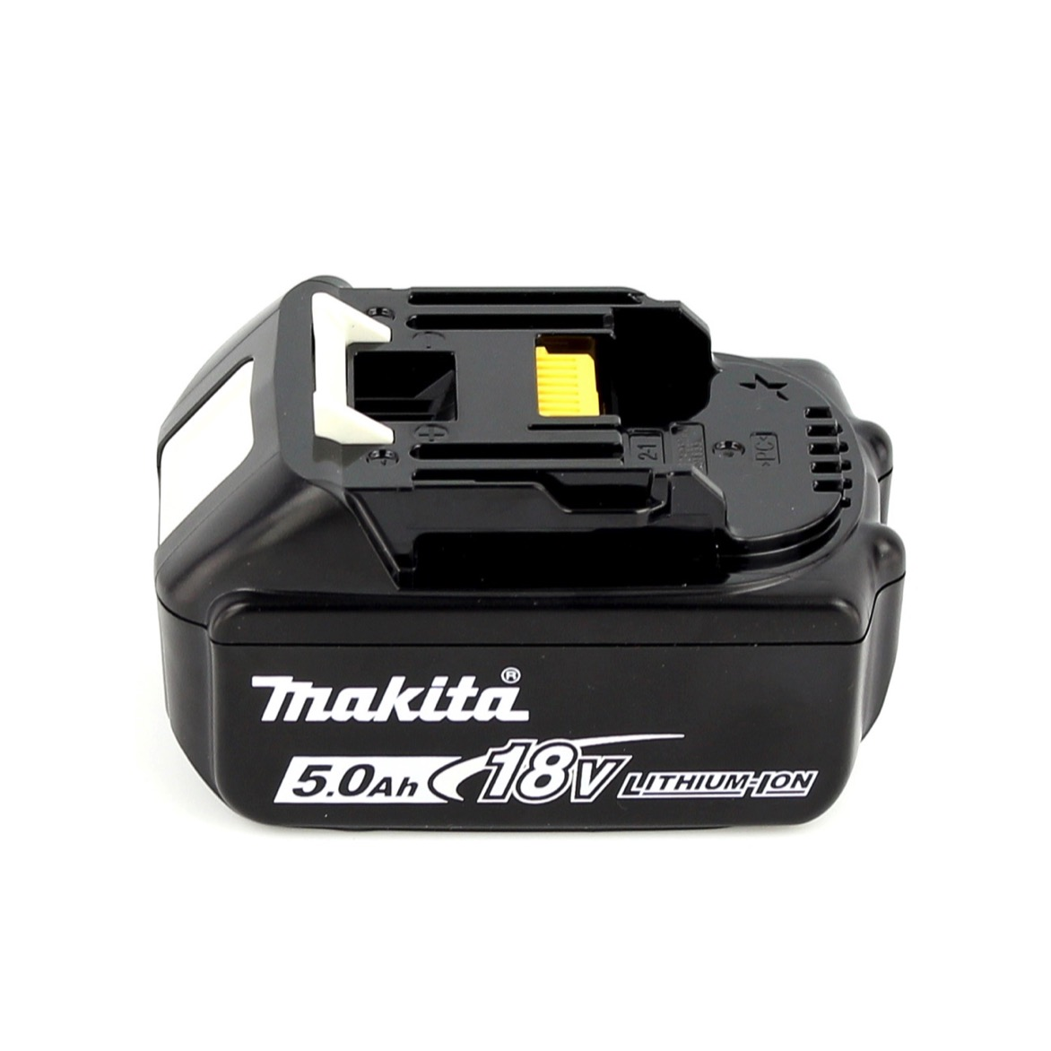 Schwarzer Makita 18V Lithium-Ionen-Akku. Er hat weißen Text und einen gelben Clip. Der Hintergrund ist weiß.