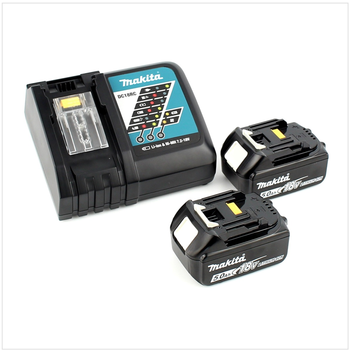 Ein Makita-Akkuladegerät und zwei 18-V-Akkus. Das Ladegerät ist schwarz und türkis. Batterien sind schwarz mit weißen und gelben Details.