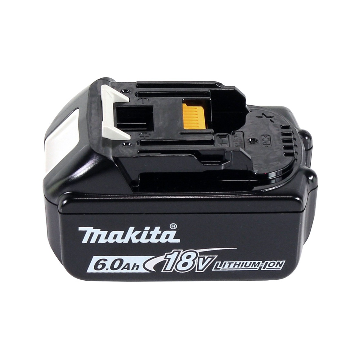 Ein schwarzer Makita 18V 6.0Ah Lithium-Ionen-Akku auf weißem Hintergrund. Er hat gelbe und weiße Details auf der Oberseite.