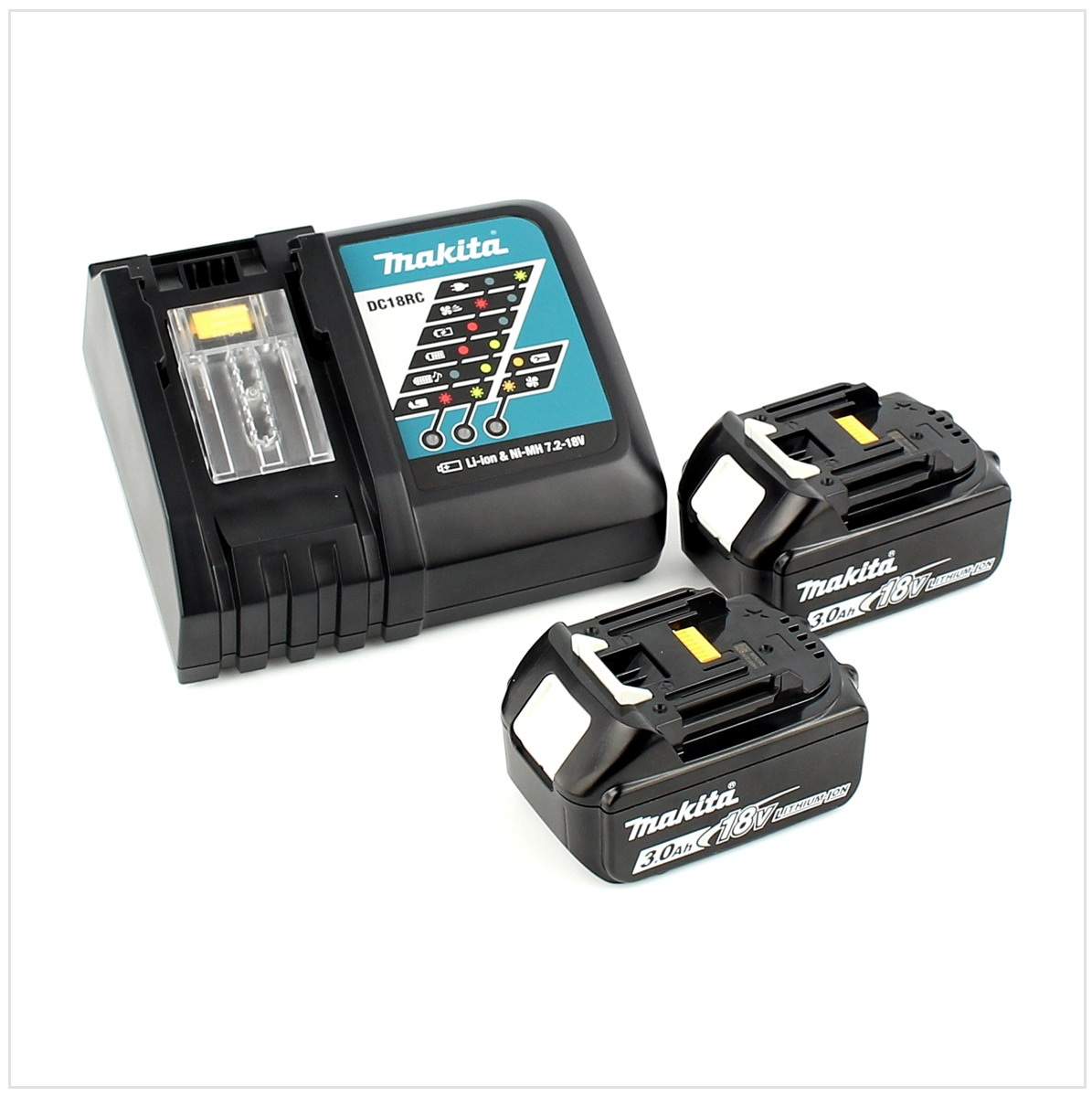 Ein Makita-Akkuladegerät mit zwei Akkus. Das Ladegerät ist schwarz und türkis mit Display. Akkus sind schwarz mit weißen und gelben Akzenten.