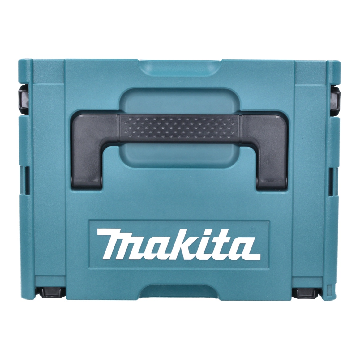 Eine türkisfarbene Makita-Werkzeugkiste mit schwarzem Griff und dem weißen Makita-Logo. Die Box ist rechteckig und kompakt.
