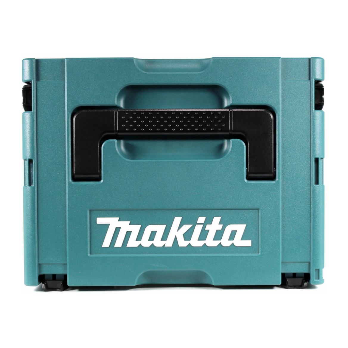 Eine tealfarbene Makita-Werkzeugkiste mit schwarzem Griff und Makita-Logo. Die Kiste ist geschlossen und steht auf weißem Hintergrund.