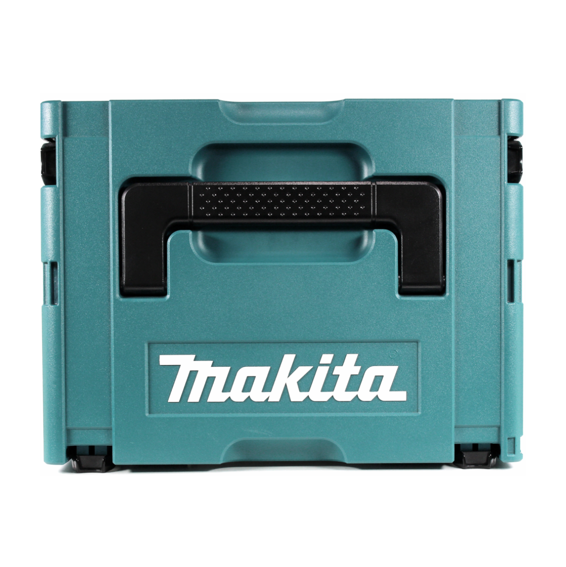 Eine teal-farbene Makita-Werkzeugbox mit schwarzem Griff. Das Makita-Logo ist weiß zentriert.