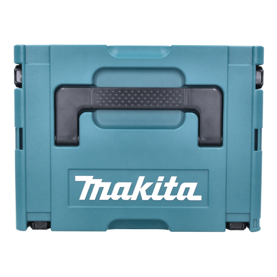 Türkisfarbener Makita-Werkzeugkasten. Schwarzer Griff und Akzente. Weißes 'Makita'-Logo auf der Vorderseite.