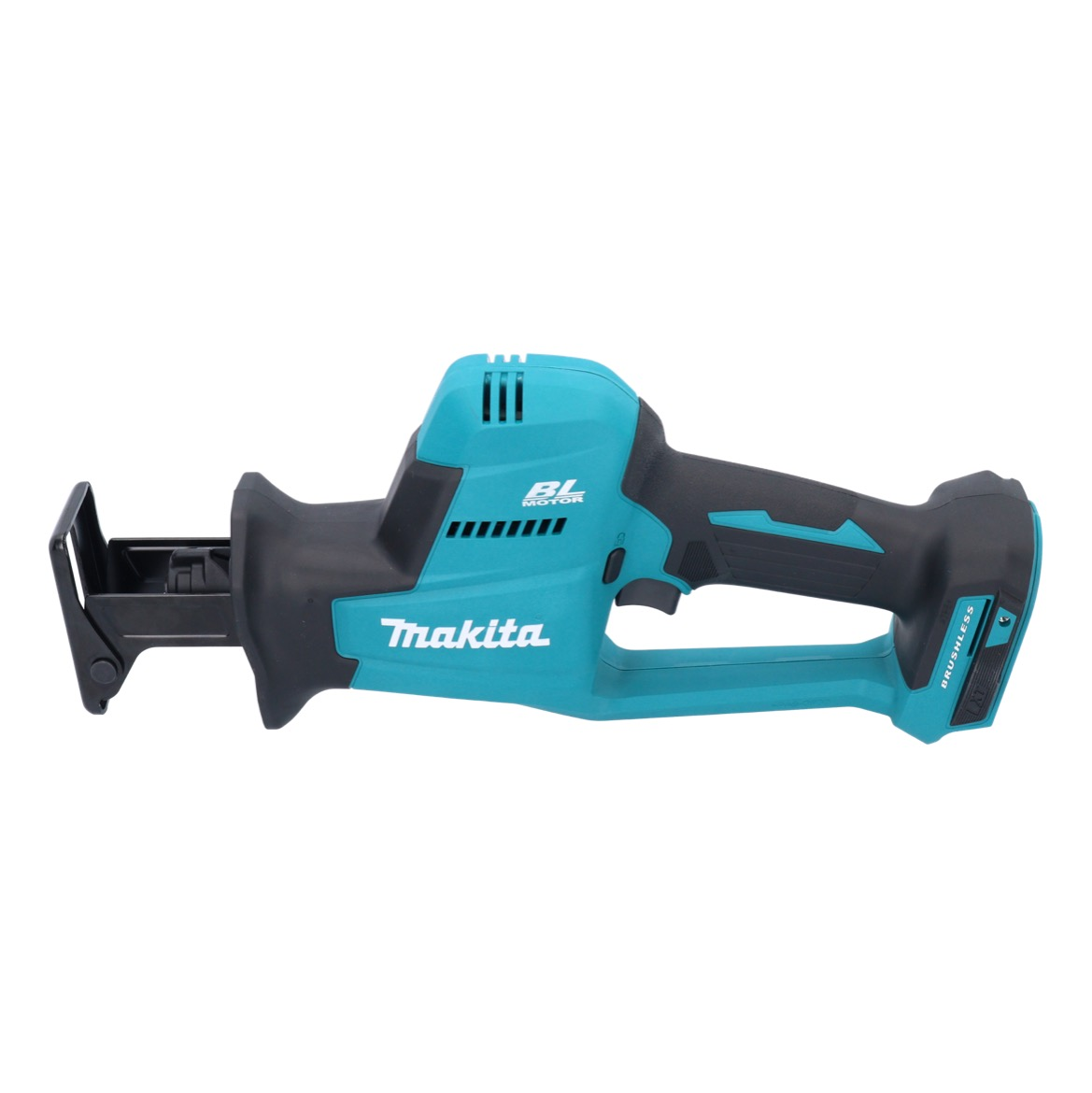Eine türkisfarbene und schwarze Makita Säbelsäge. Die Säge befindet sich auf weißem Hintergrund. Der Text "Makita" und "BL MOTOR" sind sichtbar.