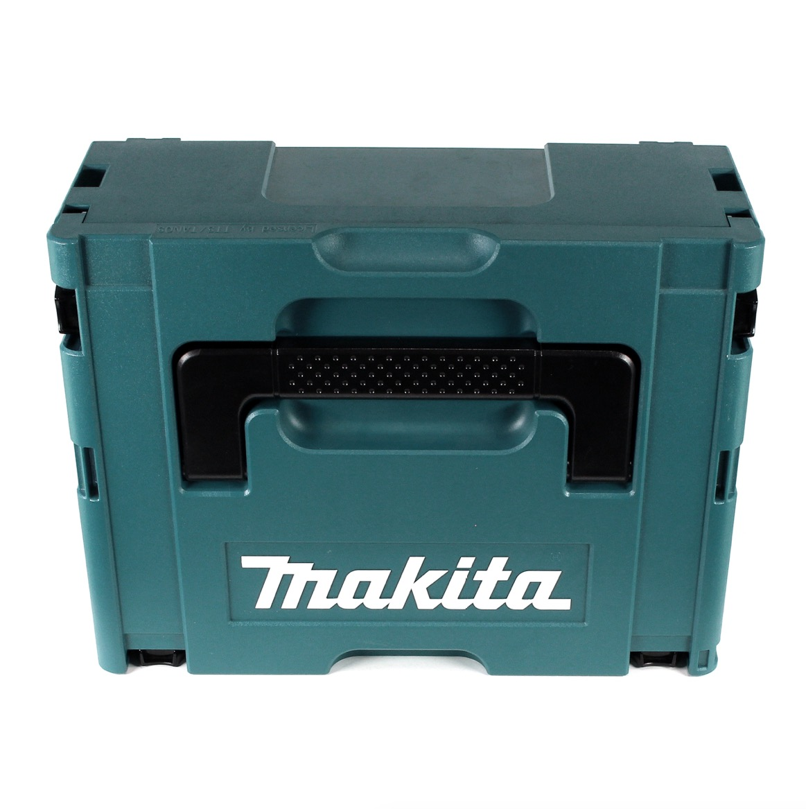 Eine teal Makita-Aufbewahrungsbox mit schwarzem Griff und Makita-Logo auf der Vorderseite, vor weißem Hintergrund.