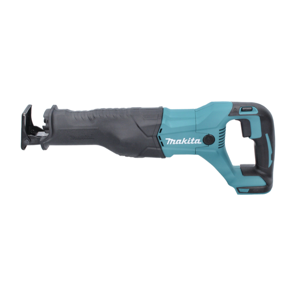 Eine Makita Säbelsäge. Sie ist blaugrün und schwarz, mit dem Makita-Logo auf der Seite. Der Hintergrund ist weiß.