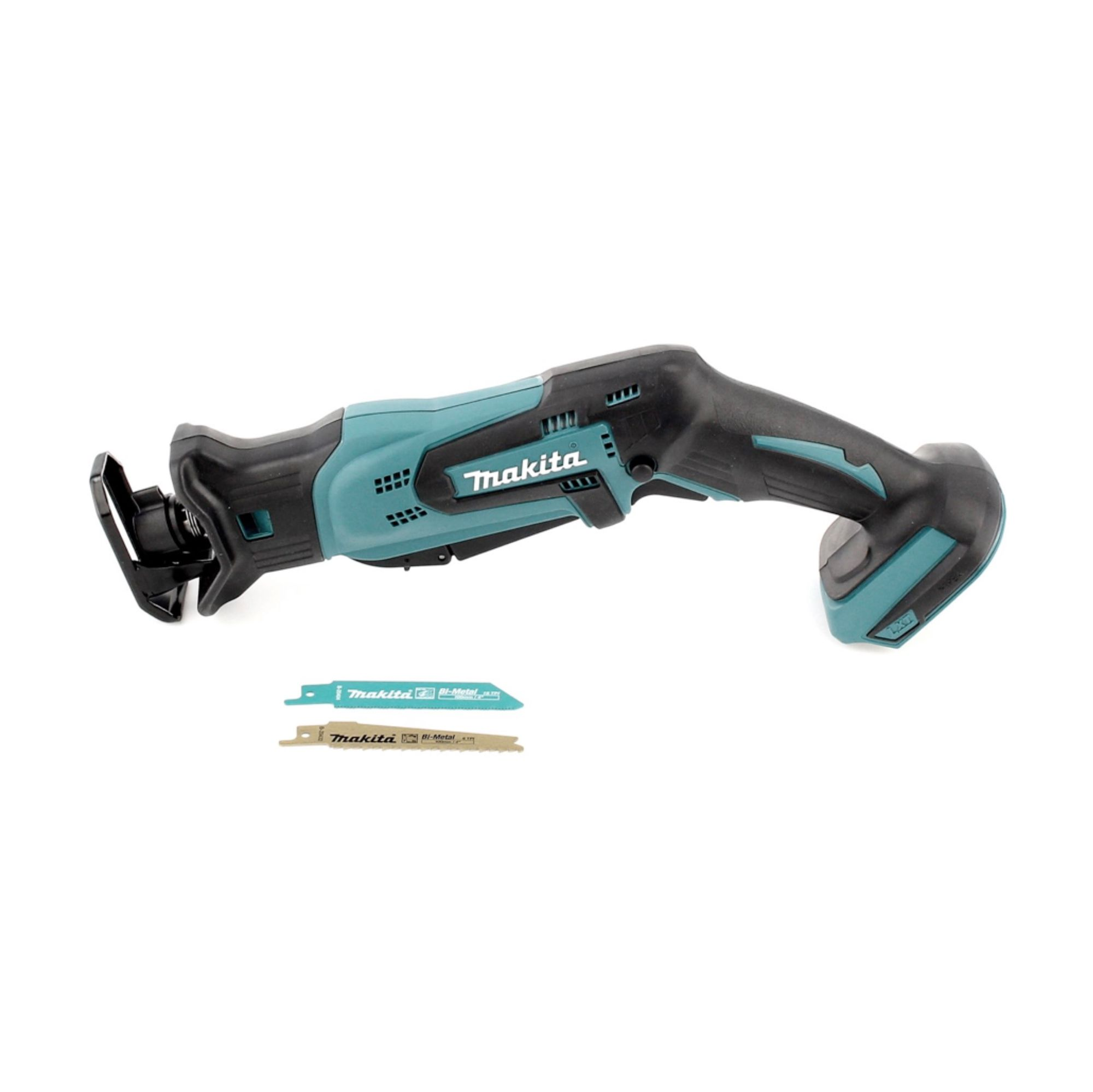 Eine teal-schwarze Makita Säbelsäge mit zwei Klingen darunter. Die Säge befindet sich auf weißem Hintergrund.