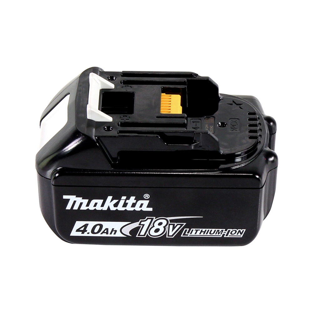 Ein schwarzer Makita 18V Lithium-Ionen-Akku mit weißen und gelben Akzenten. Der Akku befindet sich auf weißem Hintergrund.