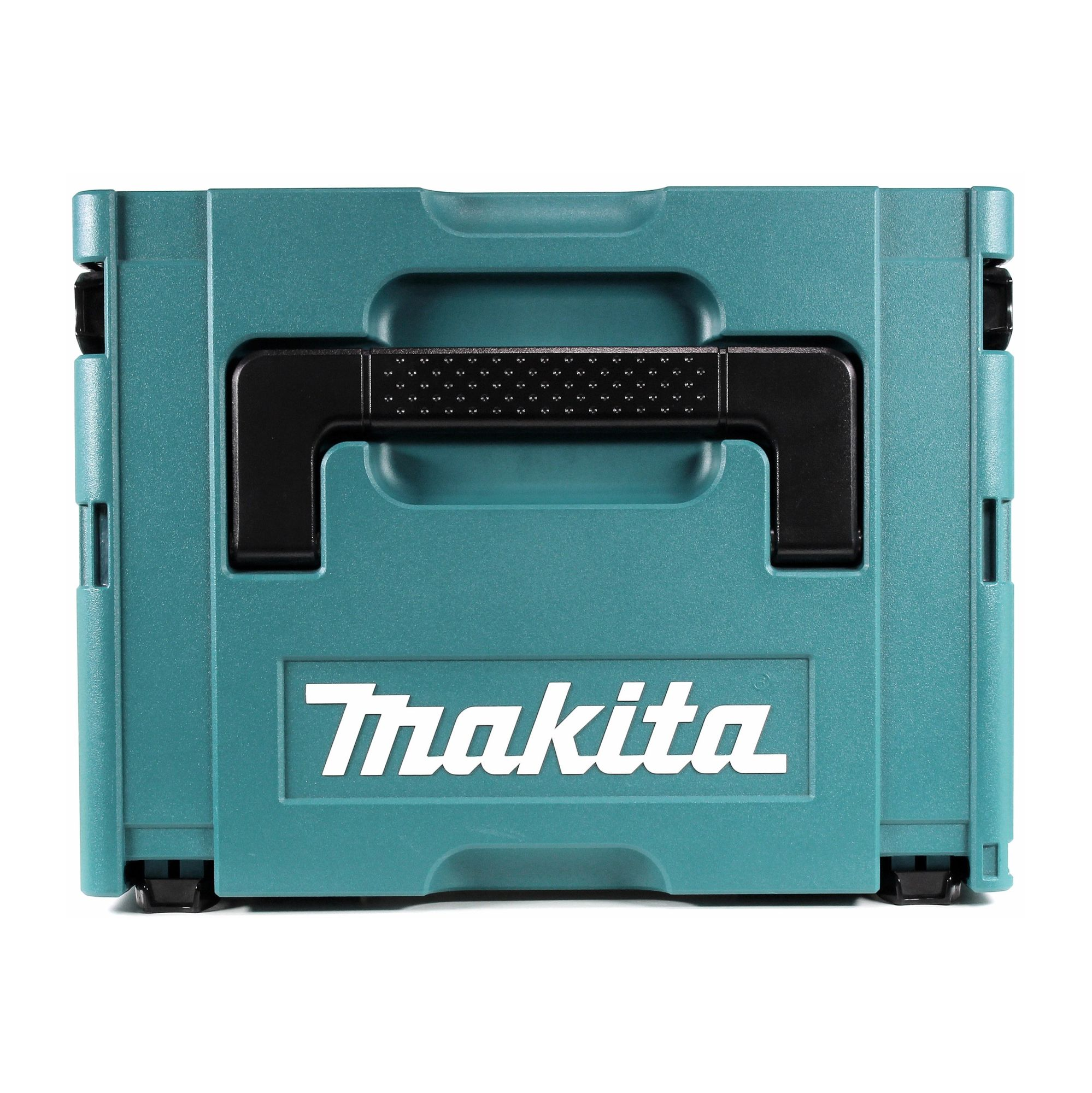 Eine tealfarbene Makita-Werkzeugkiste. Die Box hat einen schwarzen Griff mit dem Markennamen in Weiß auf der Vorderseite.