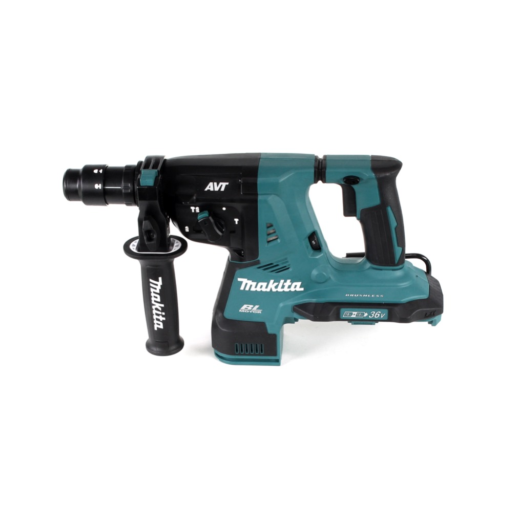 Ein Akku-Bohrhammer von Makita. Er ist schwarz und blaugrün. Der Hintergrund ist weiß.
