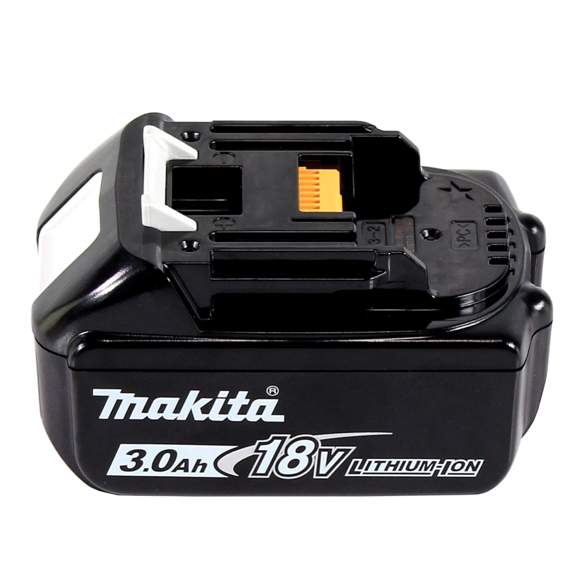 Ein schwarzer Makita 18V Lithium-Ionen-Akku. Der Akku hat weiße und gelbe Akzente, und das Makita-Logo ist sichtbar.