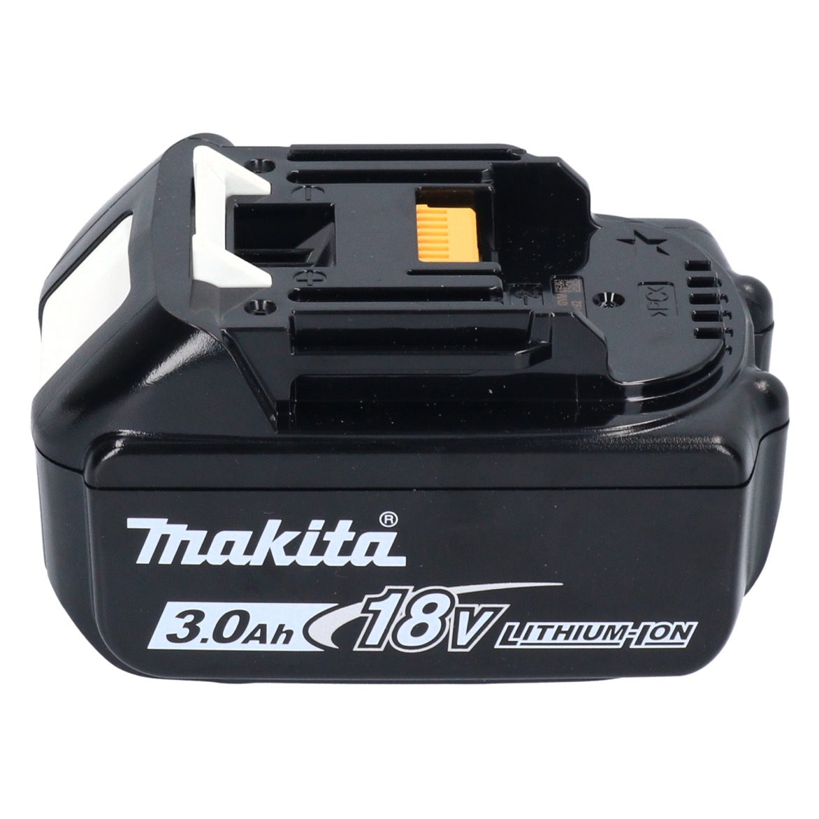 Schwarzer Makita 18V Lithium-Ionen 3.0Ah Akku. Hat weiße und gelbe Akzente. Der Markenname und die Spezifikationen werden angezeigt.