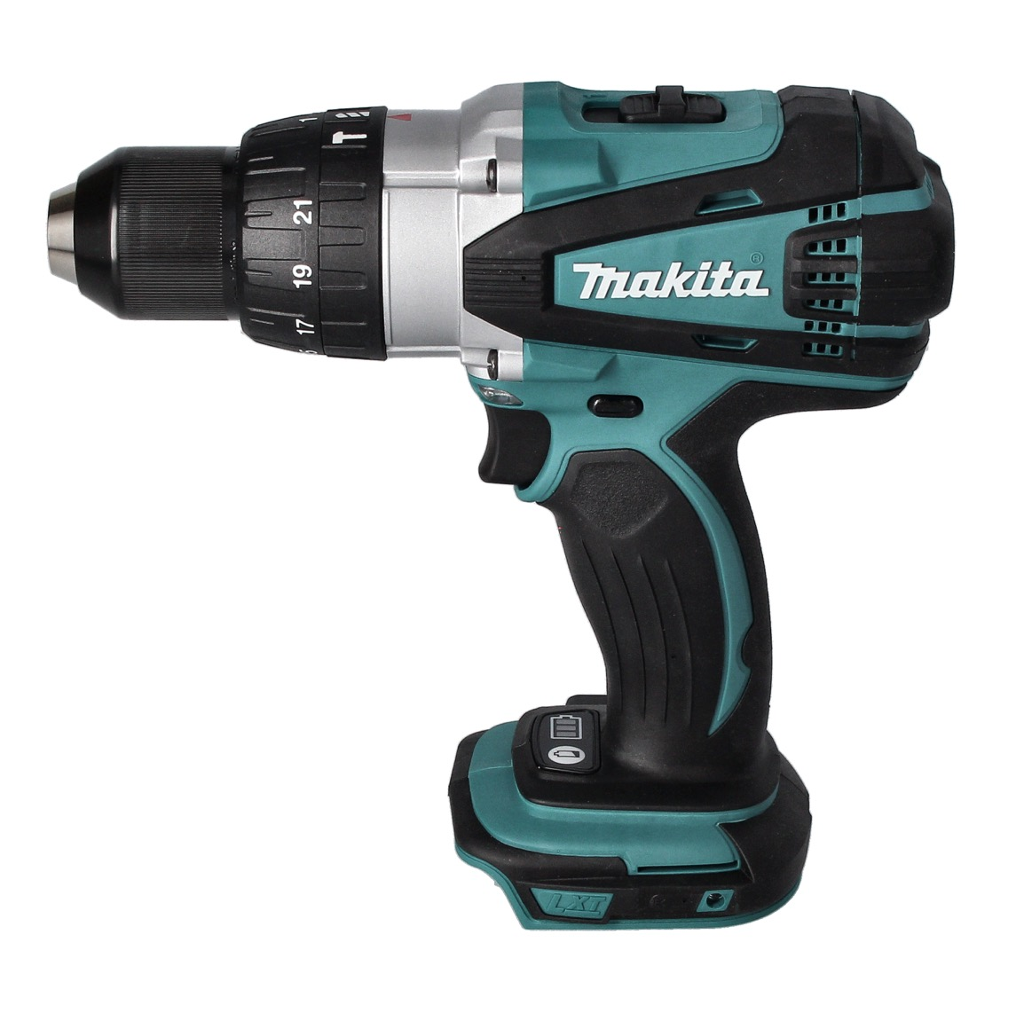 Ein kabelloser Makita-Bohrer. Er hat einen schwarzen Griff, tealfarbene Akzente und einen silbernen Bohrkopf. Das Makita-Logo ist sichtbar.
