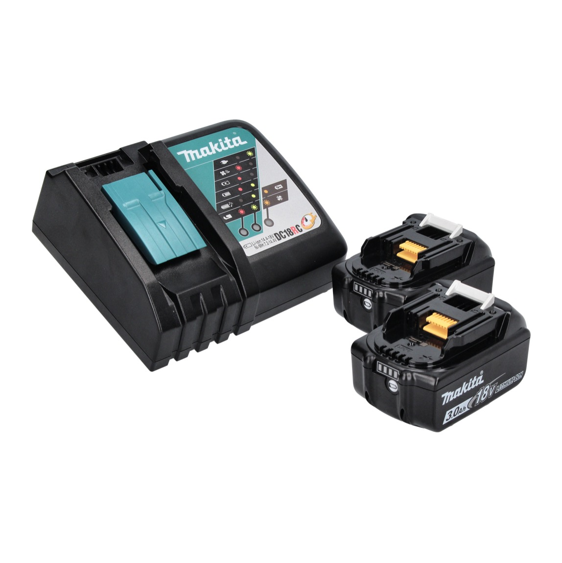 Makita-Batterieladegerät und zwei Batterien. Das Ladegerät ist schwarz und blaugrün. Batterien sind schwarz mit gelben und weißen Akzenten.