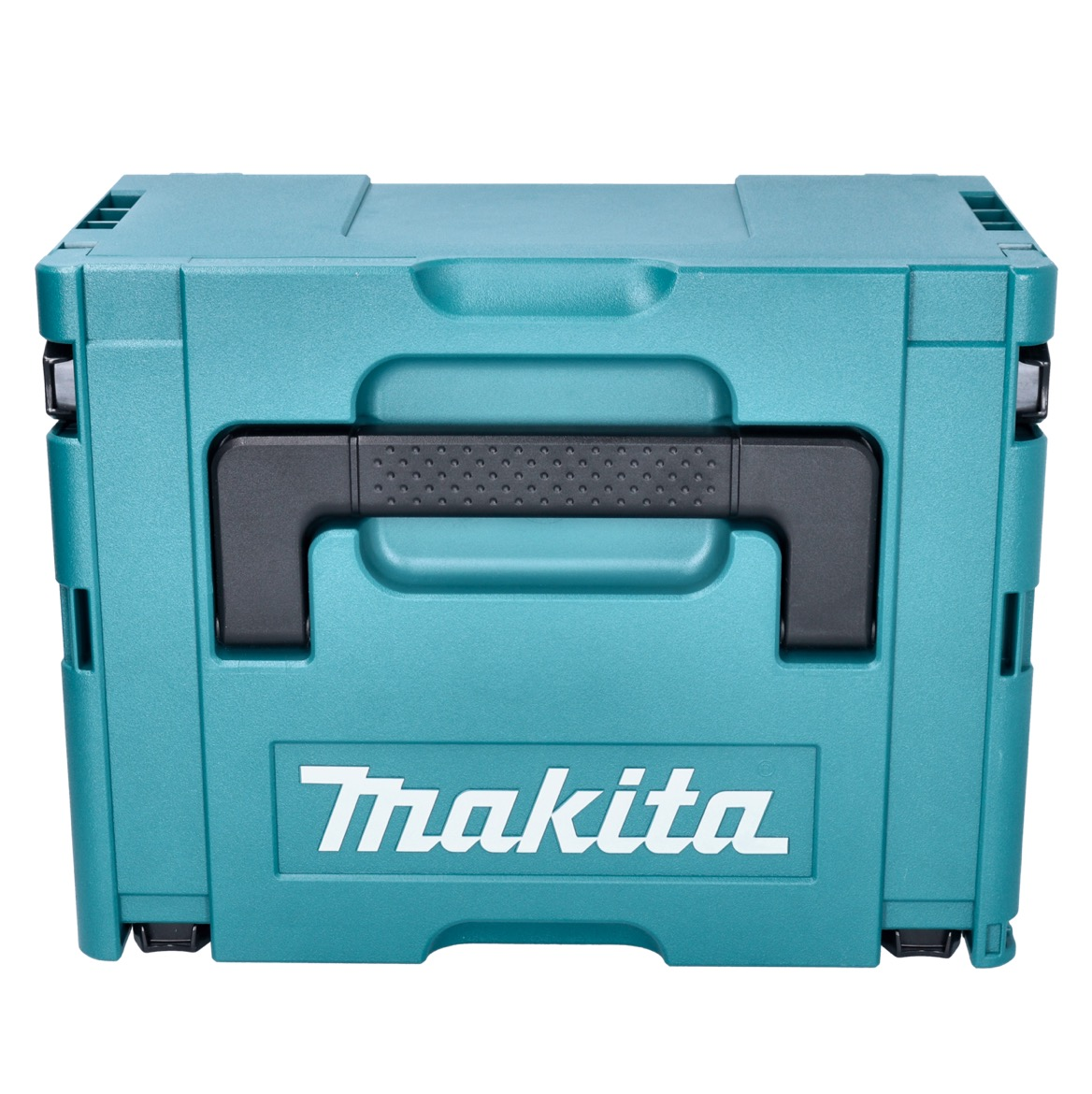 Eine türkisfarbene Makita-Werkzeugkiste mit schwarzem Griff. Das Makita-Logo ist sichtbar. Die Kiste ist geschlossen und hat eine rechteckige Form.
