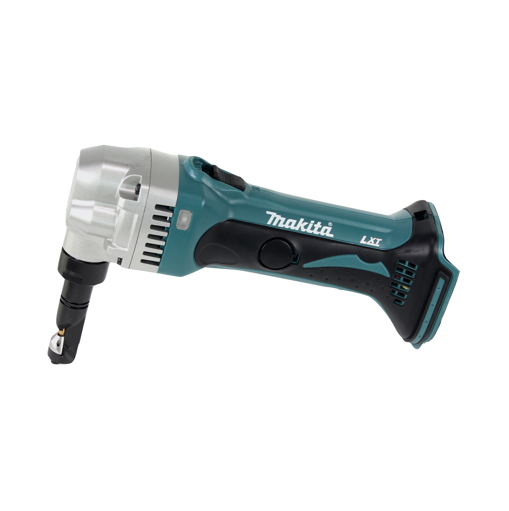 Eine teal- und schwarze Makita LXT Blechschere. Es befindet sich auf weißem Hintergrund und ist nach rechts abgewinkelt.