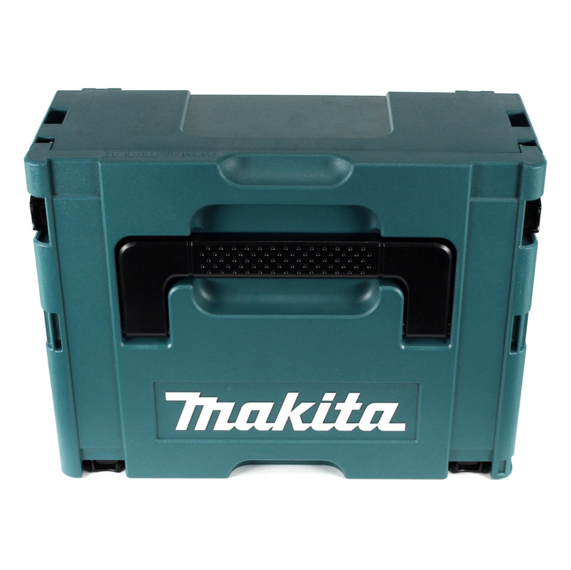 Eine teal Makita Werkzeugkiste mit einem schwarzen Griff und dem weißen Makita-Logo. Die Werkzeugkiste ist geschlossen und auf weißem Hintergrund.