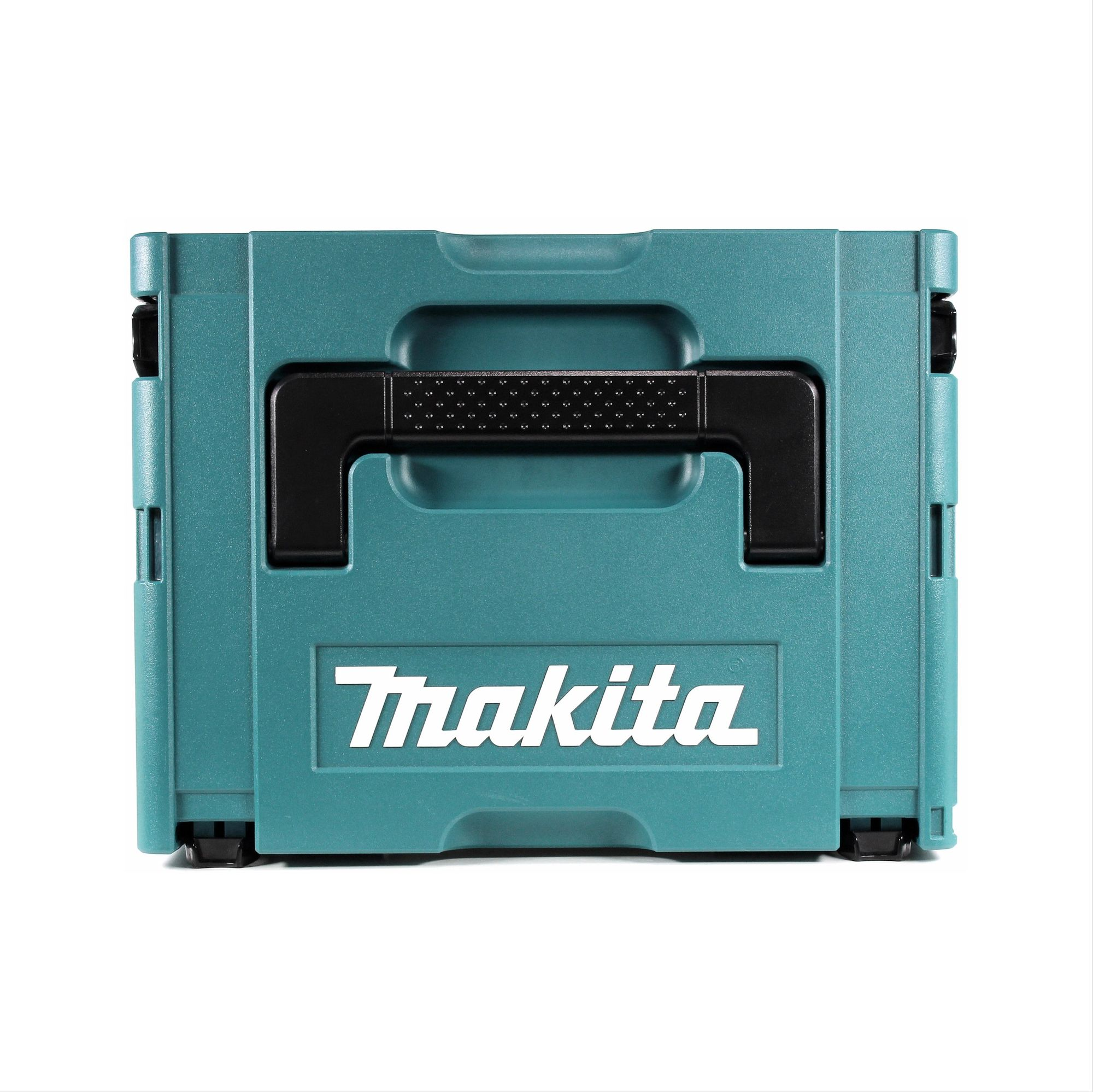 Eine türkisfarbene Makita-Werkzeugbox mit schwarzem Griff. Das Makita-Logo ist weiß auf der Vorderseite. Der Hintergrund ist weiß.