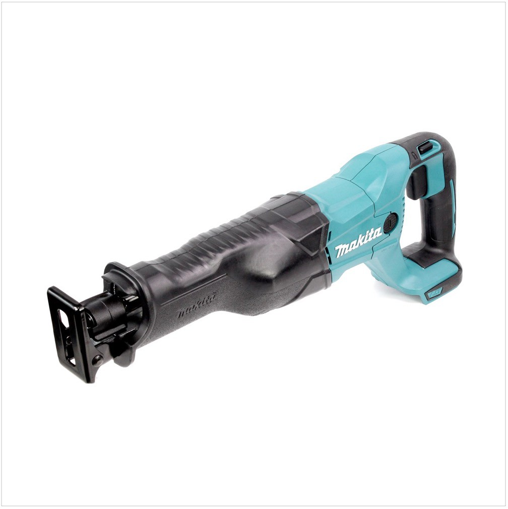 Eine Makita Säbelsäge, türkis und schwarz, liegt diagonal auf einer weißen Oberfläche. Die Säge ist neu und unbenutzt.