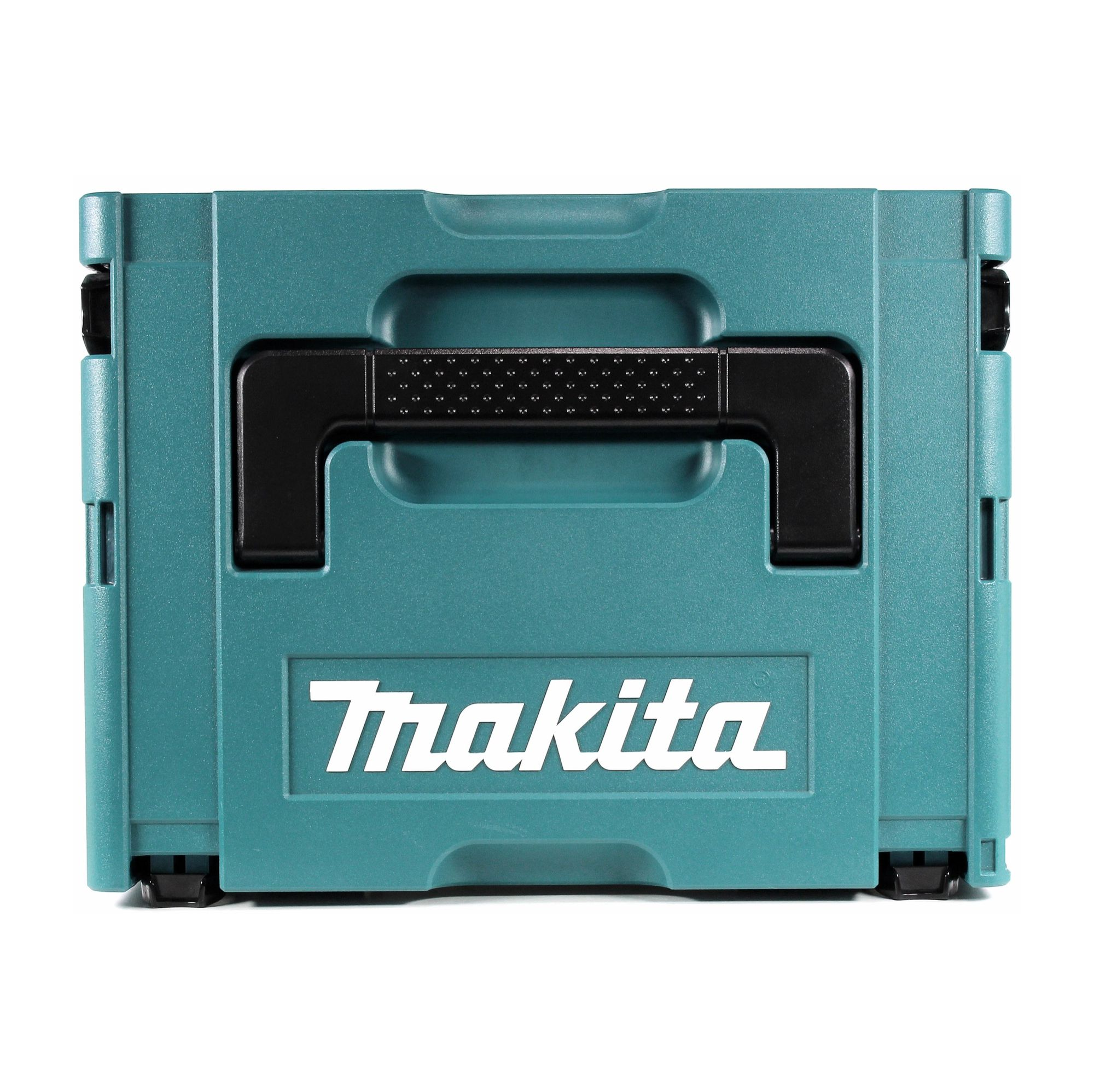 Eine türkisfarbene Makita-Werkzeugkiste mit schwarzem Griff und dem Makita-Logo in Weiß.