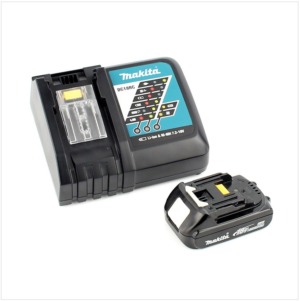 Ein schwarzes Makita-Batterieladegerät und ein Akku. Das Ladegerät hat ein türkis-schwarzes Design und einen transparenten Ladeschacht. Der Akku ist schwarz.