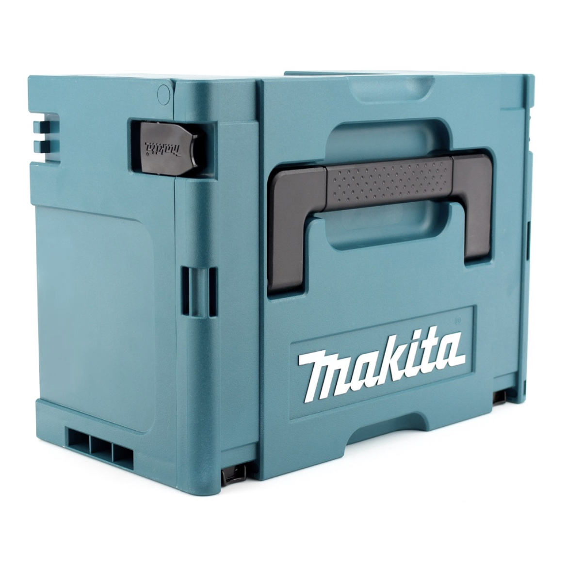 Eine türkisfarbene Makita-Werkzeugkiste mit schwarzem Griff und Logo. Die Box ist geschlossen und steht auf weißem Untergrund.
