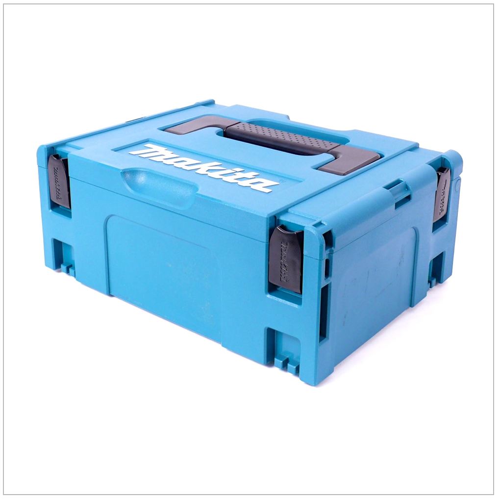 Eine türkisfarbene Makita-Werkzeugkiste mit einem schwarzen Griff und Verschlüssen. Das Makita-Logo befindet sich oben. Es steht auf einer weißen Oberfläche.