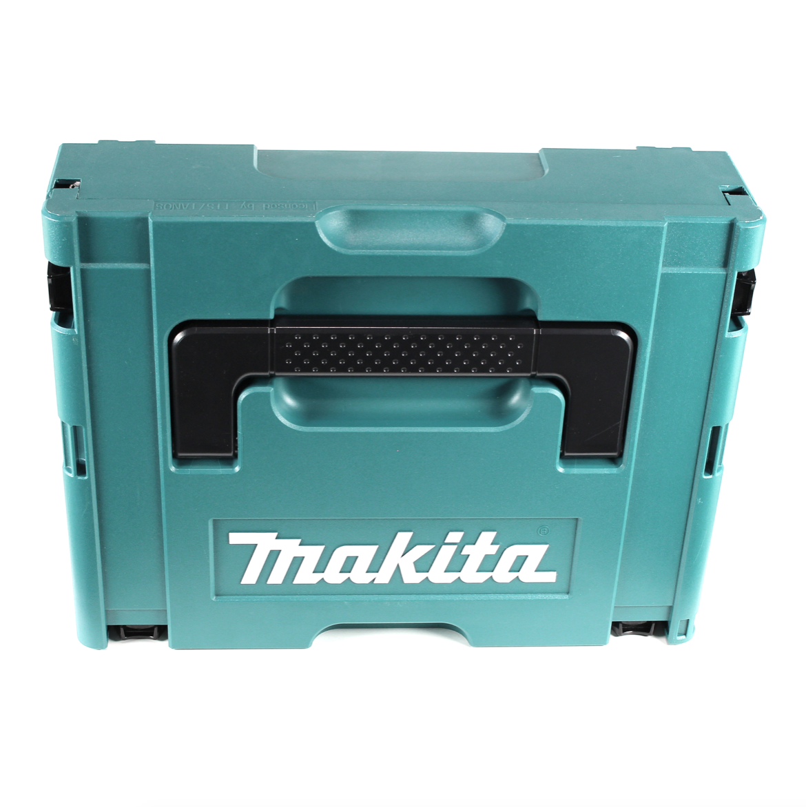 Eine teal Makita Werkzeugkiste mit schwarzem Griff. Das Makita-Logo ist sichtbar. Der Hintergrund ist weiß.
