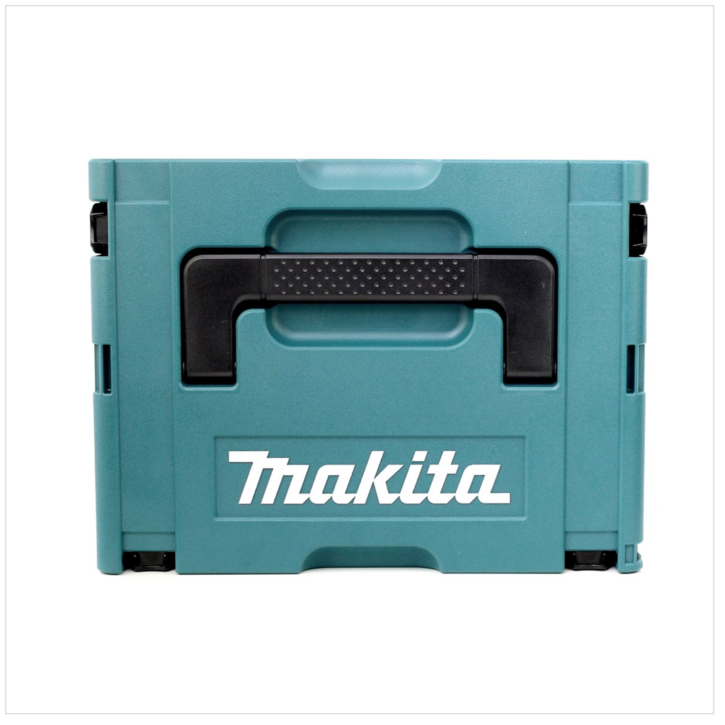 Eine teal Makita Werkzeugkiste mit schwarzem Griff. Das Makita-Logo ist gut sichtbar in Weiß auf der Vorderseite der Kiste.