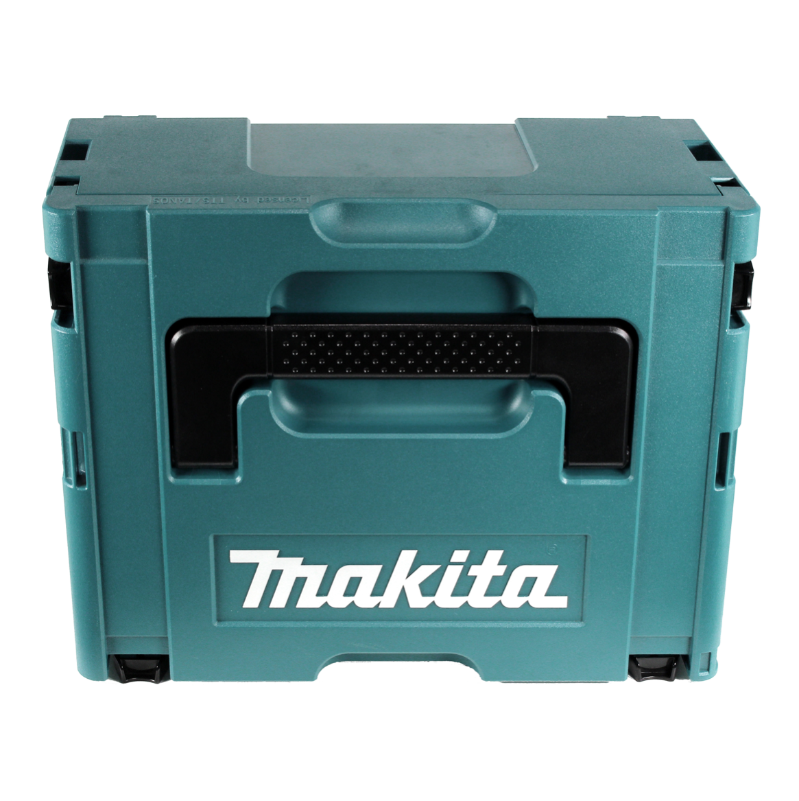 Eine teal Makita Werkzeugkiste mit schwarzem Griff und Makita-Logo. Sie ist rechteckig und hat einen weißen Hintergrund.