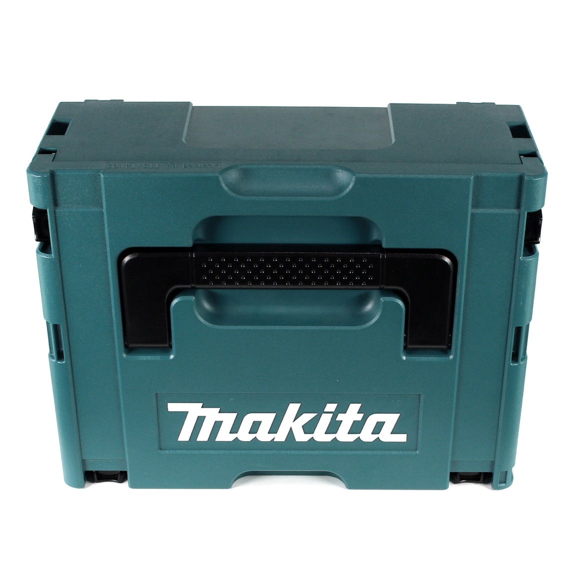 Eine tealfarbene Makita-Werkzeugkiste, Vorderansicht, mit schwarzem Griff. Das Makita-Logo ist weiß. Die Box ist geschlossen und neu.