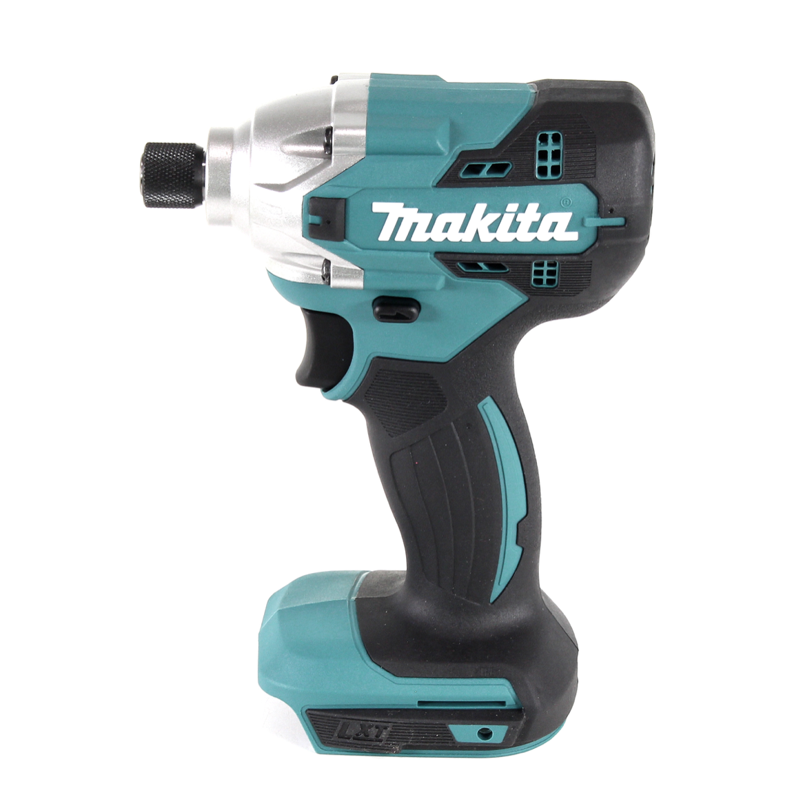 Makita Akku-Schlagschrauber. Türkis-schwarzes Gehäuse mit silbernen Akzenten. Weißes Makita-Logo. Isoliert auf weißem Hintergrund.