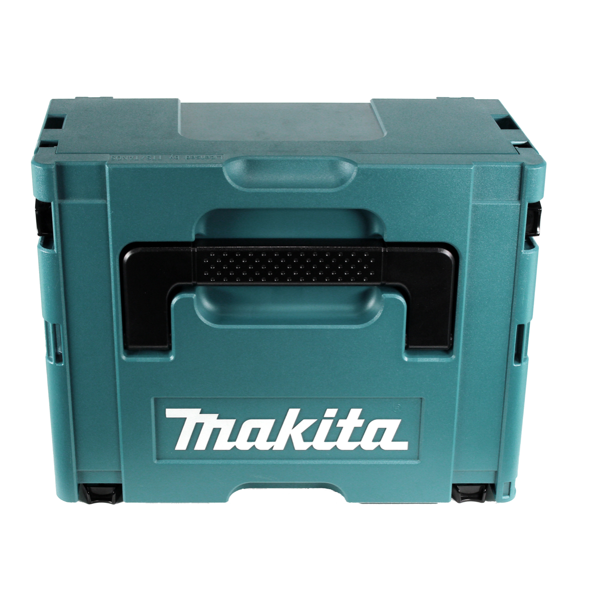 Türkisfarbene Makita-Werkzeugkiste auf weißem Hintergrund. Schwarzer Griff, und der Markenname ist sichtbar. Die Box ist geschlossen.