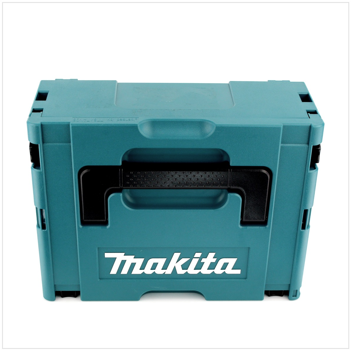 Eine türkisfarbene Makita-Klappbox steht im Mittelpunkt auf weißem Hintergrund. Die Box hat einen schwarzen Griff und das Makita-Logo in Weiß.