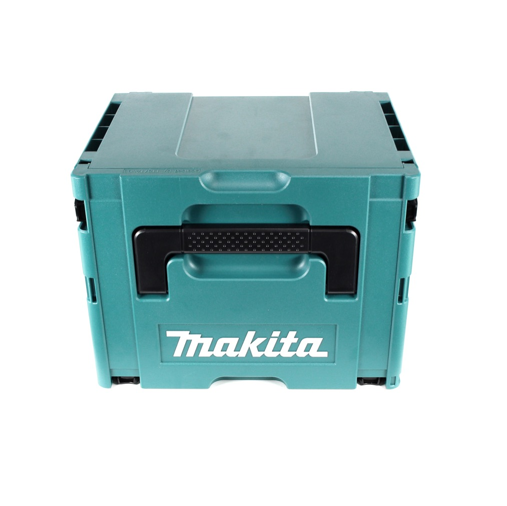 Eine türkisfarbene Makita-Werkzeugkiste mit schwarzem Griff und Makita-Logo. Die Werkzeugkiste steht auf weißem Hintergrund.