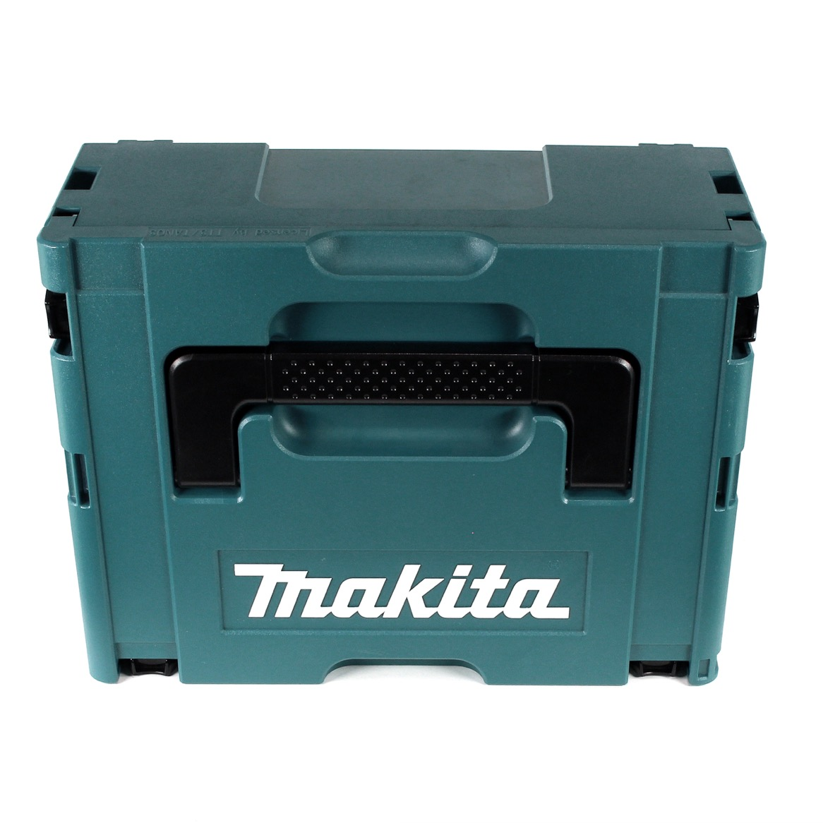 Eine geschlossene, teal-farbene Makita-Werkzeugkiste. Sie hat einen schwarzen Griff und das Makita-Logo. Der Hintergrund ist weiß.