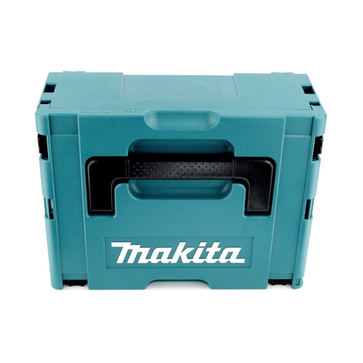 Eine türkisfarbene Makita-Werkzeugkiste ist zentriert. Sie hat einen schwarzen Griff und das Makita-Logo in Weiß. Der Hintergrund ist weiß.