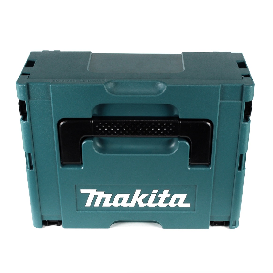 Eine teal Makita-Werkzeugbox mit schwarzem Griff und dem Makita-Logo in Weiß. Weißer Hintergrund.