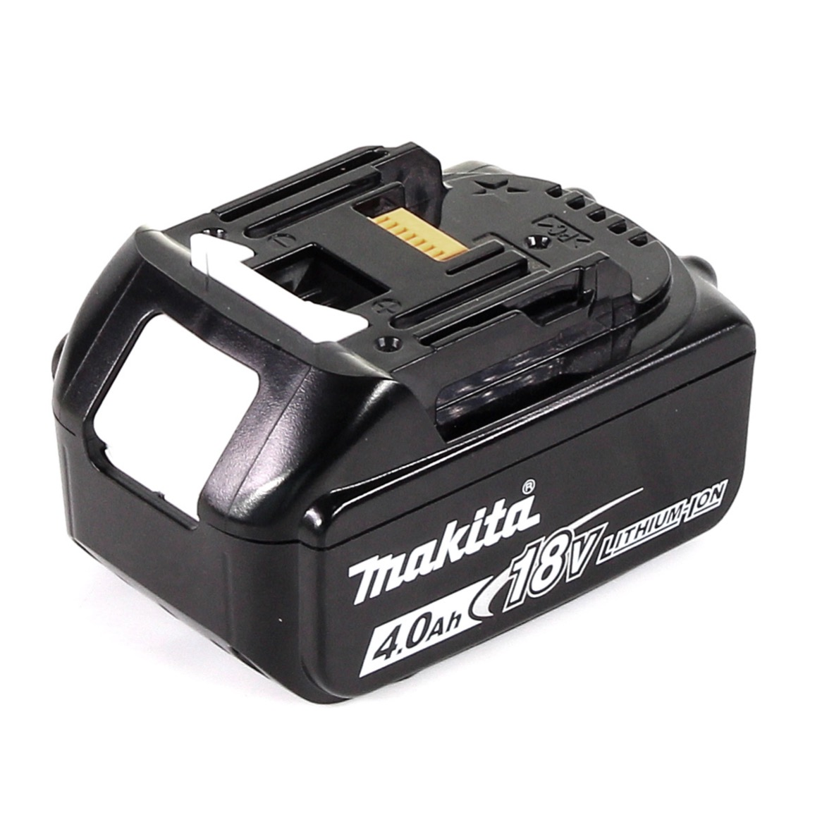 Ein schwarzer Makita 18V 4.0Ah Lithium-Ionen-Akku. Er ist rechteckig mit strukturierter Oberseite und weißen Etiketten. Der Hintergrund ist weiß.