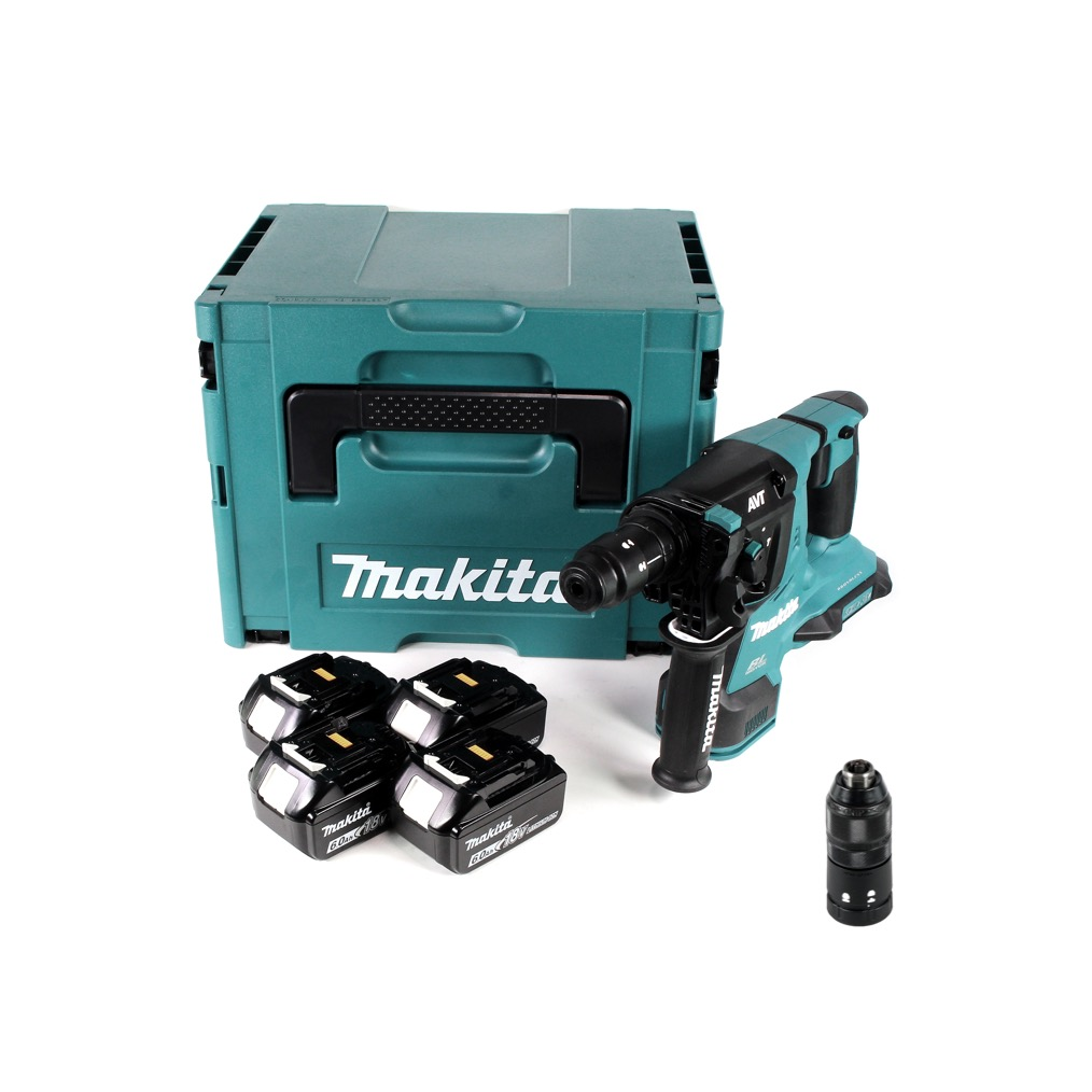 Ein teal Makita Bohrmaschinen-Set. Enthält einen Koffer, Bohrmaschine, Batterien und ein Bohrfutter auf weißem Hintergrund.