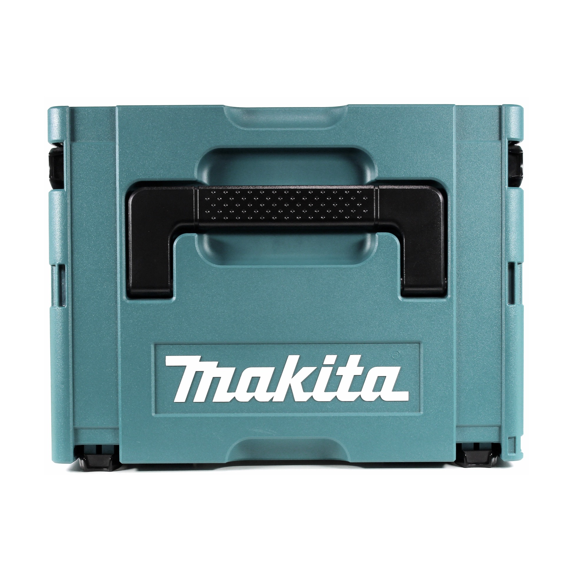 Eine tealfarbene Makita-Werkzeugkiste mit schwarzem Griff und dem Makita-Logo in Weiß auf weißem Hintergrund.