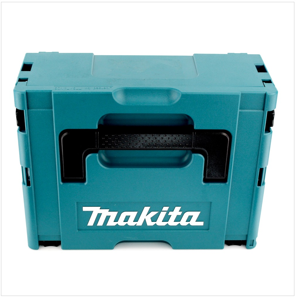 Eine t ürkisblaue Makita-Werkzeugbox mit schwarzem Griff und Logo auf weißem Hintergrund.