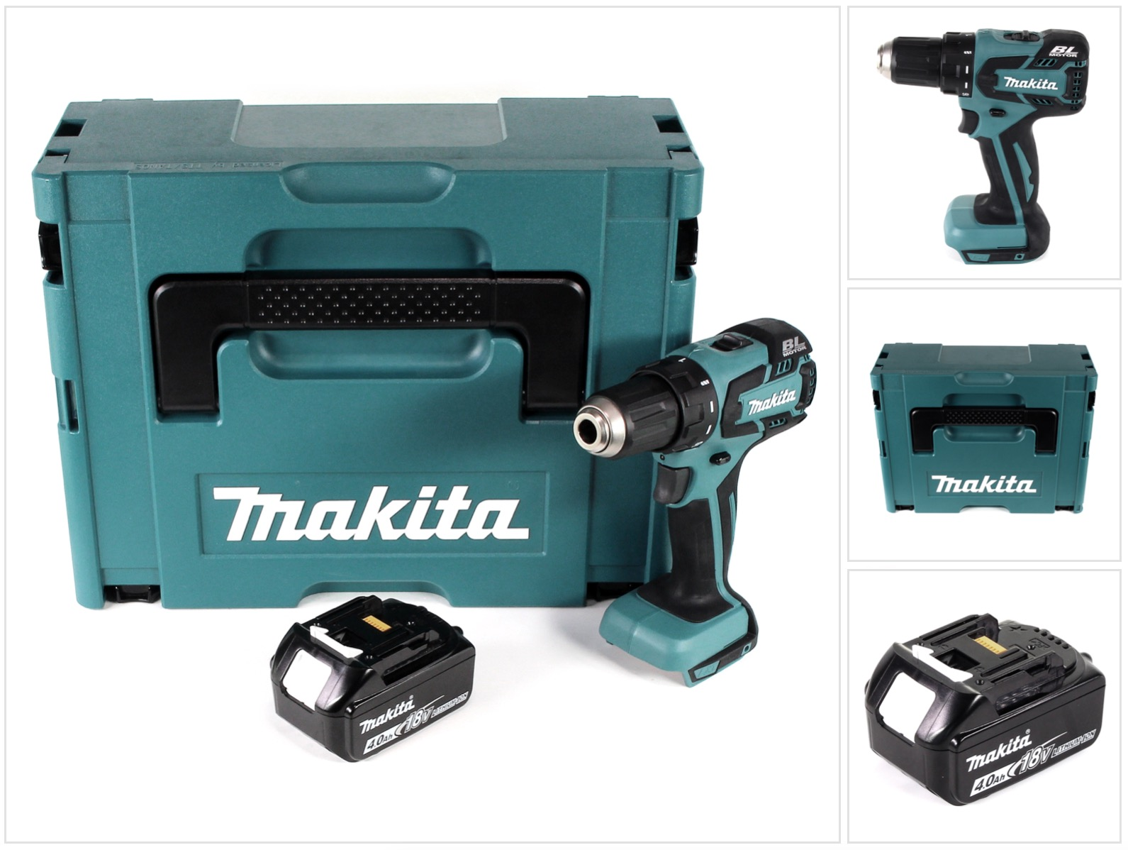 Ein teal Makita Bohrmaschinen-Set mit Koffer, Bohrmaschine und Akku. Eine Bohrmaschine ist rechts, Koffer hinten, Akku vorne.