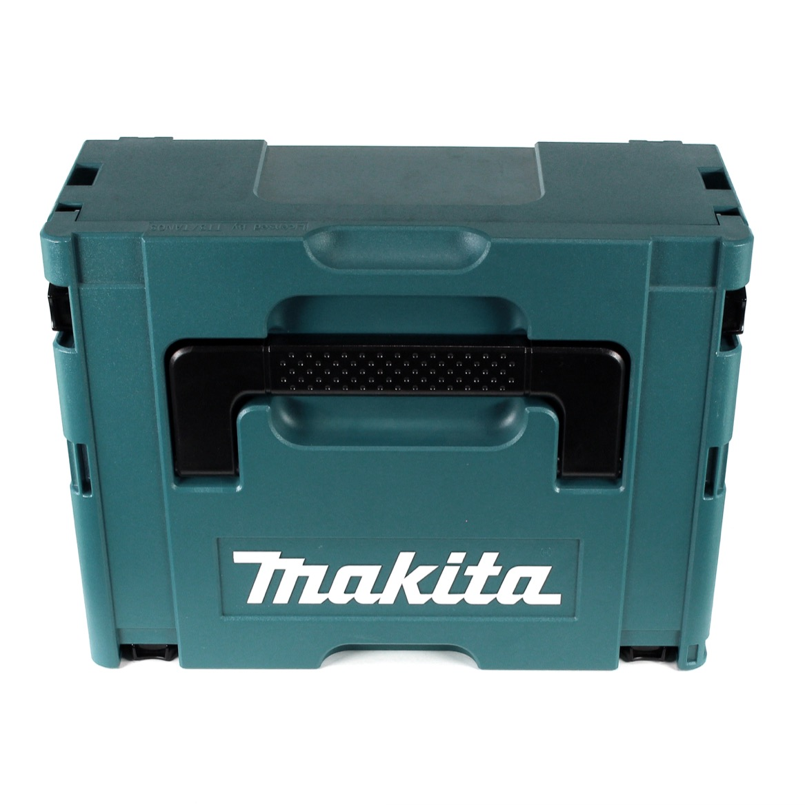 Eine türkisfarbene Makita-Werkzeugbox mit schwarzem Griff und Makita-Logo vor weißem Hintergrund.